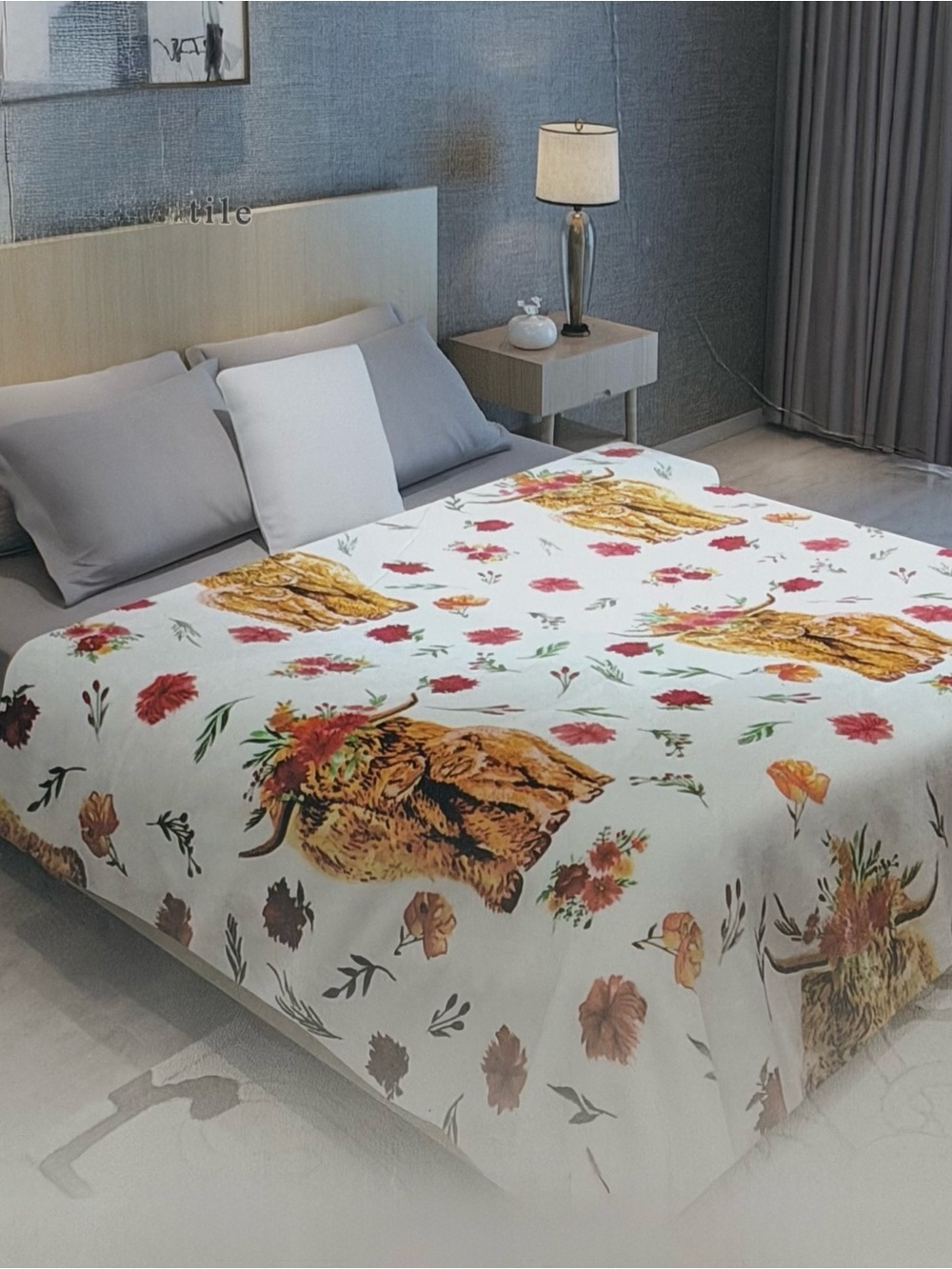 new king size flannel blanket Highland Cow floral Blanket soft cozy double sided